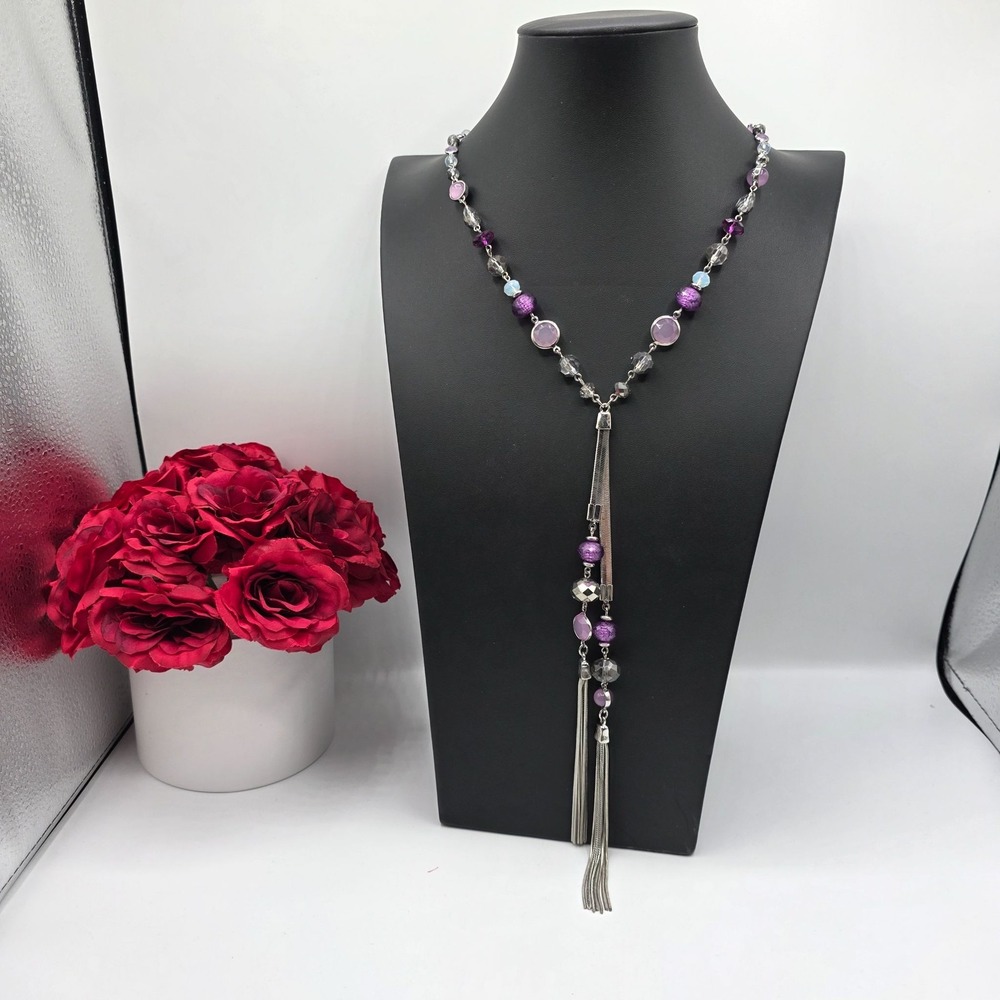 WHBM Silver Tassel Beaded Y-Necklace Purple‎ Amethyst Tassel Pendant Used